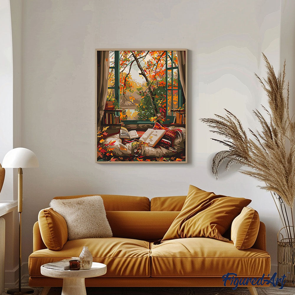 Malen nach Zahlen 40x50cm auf Keilrahmen gespannt Figured’Art Gemütliches Lesen im Herbst