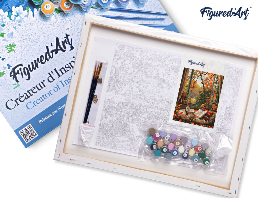 Malen nach Zahlen 40x50cm auf Keilrahmen gespannt Figured’Art Gemütliches Lesen im Herbst