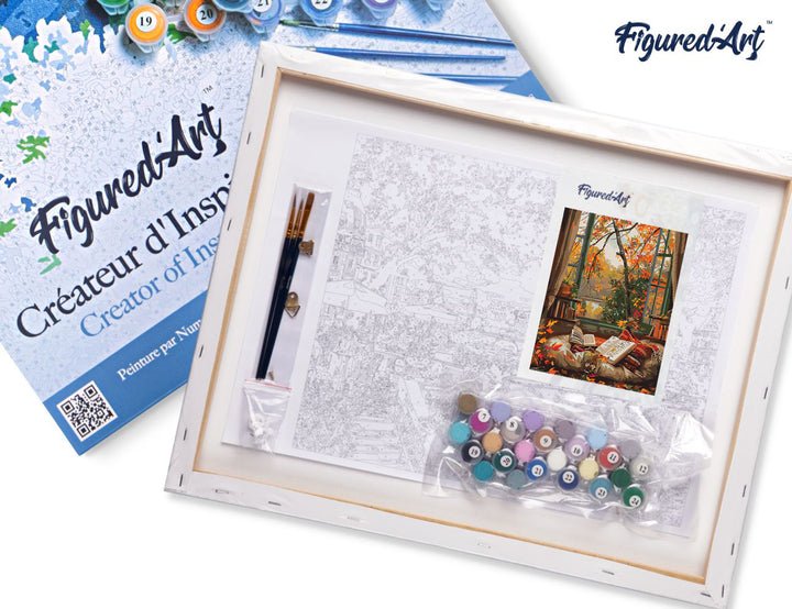 Malen nach Zahlen 40x50cm auf Keilrahmen gespannt Figured’Art Gemütliches Lesen im Herbst