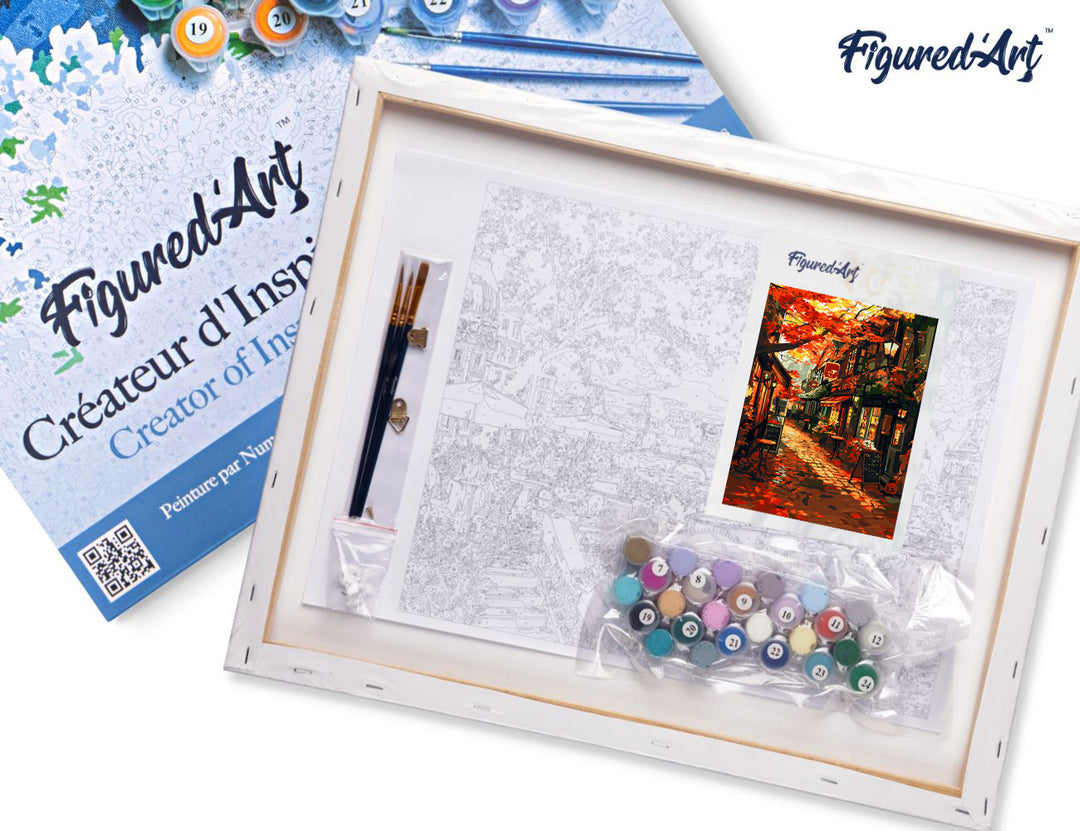 Malen nach Zahlen 40x50cm auf Keilrahmen gespannt Figured’Art Kaffeestraße im Herbst