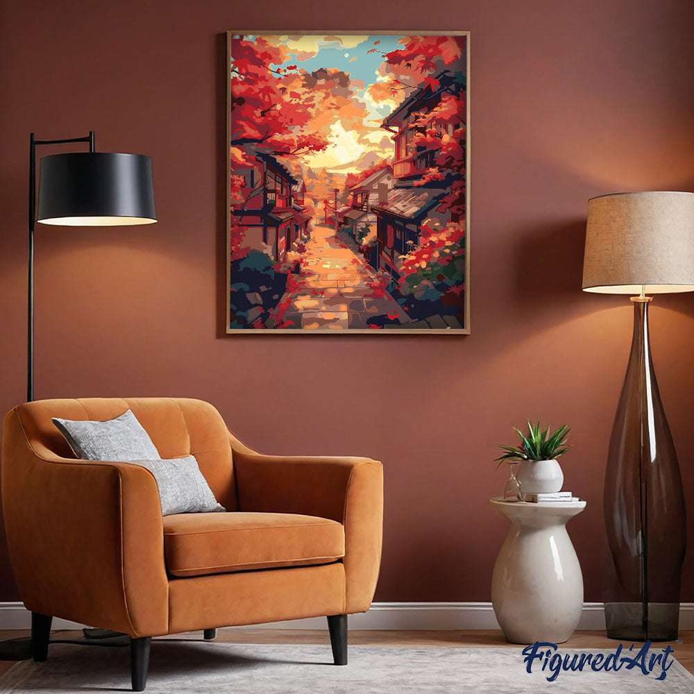 Malen nach Zahlen 40x50cm auf Keilrahmen gespannt Figured’Art Herbststraße in Kyoto