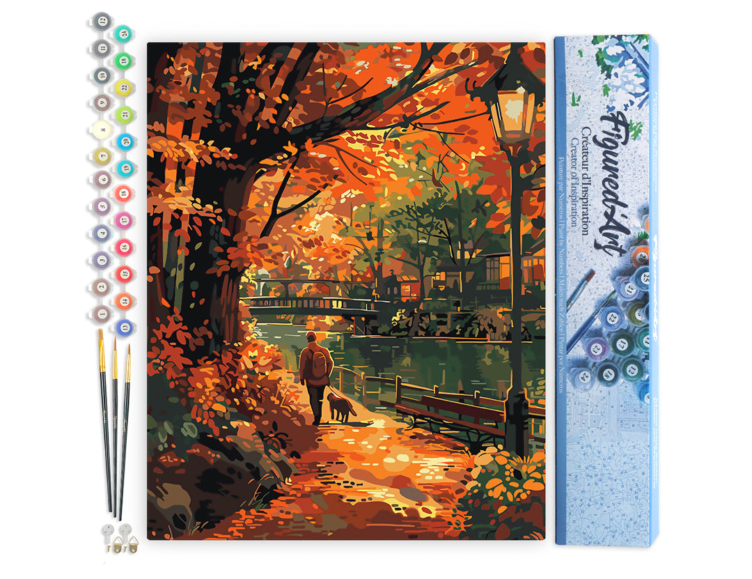 Malen nach Zahlen 40x50cm ohne Keilrahmen Figured’Art Hundespaziergang im Herbst