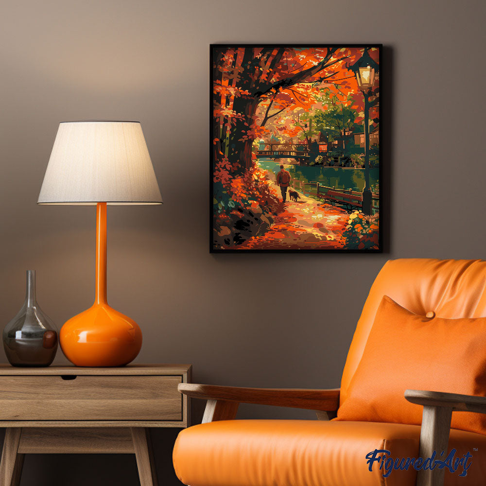 Malen nach Zahlen 40x50cm auf Keilrahmen gespannt Figured’Art Spaziergang mit dem Hund im Herbst - Kidis Art