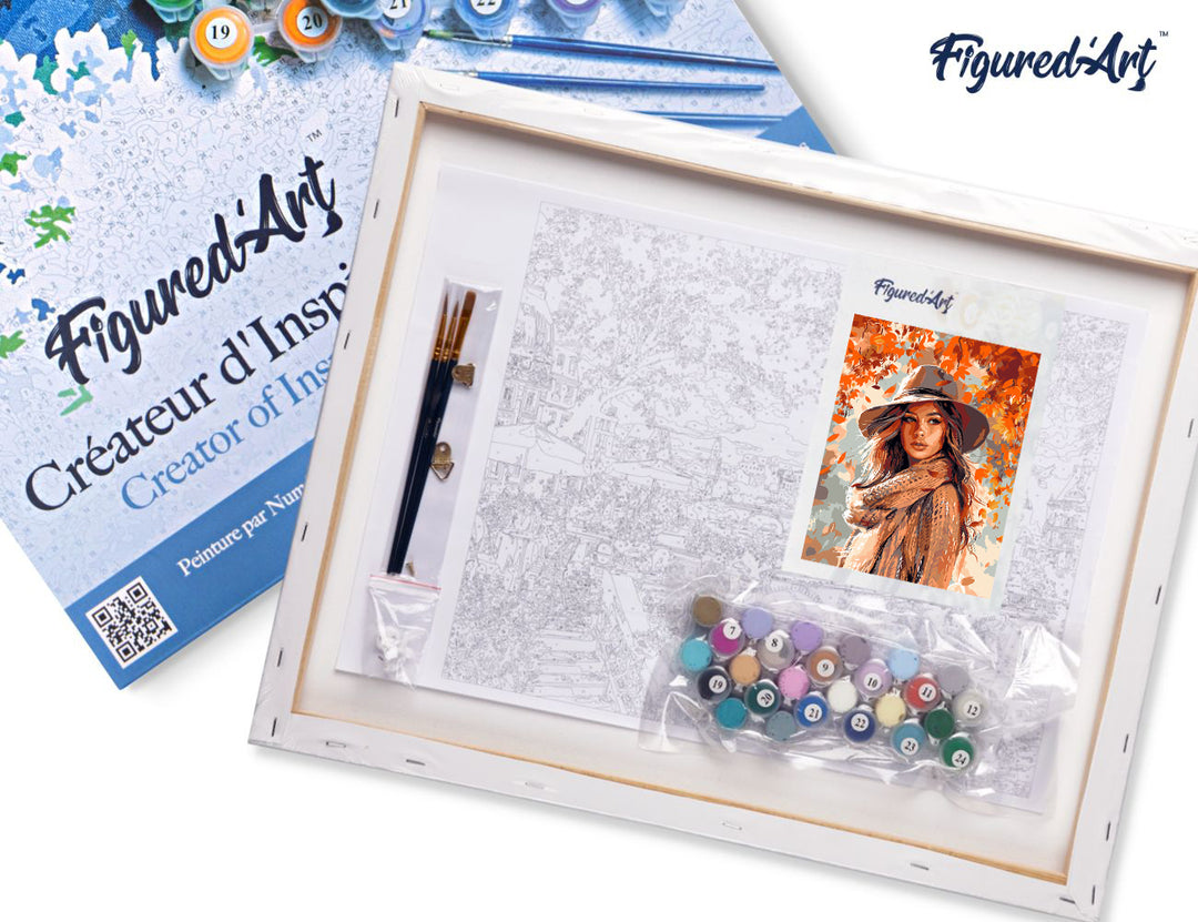 Malen nach Zahlen 40x50cm auf Keilrahmen gespannt Figured’Art Frau im Herbstwind