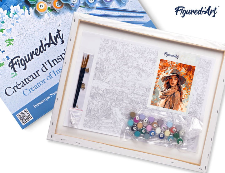 Malen nach Zahlen 40x50cm auf Keilrahmen gespannt Figured’Art Frau im Herbstwind