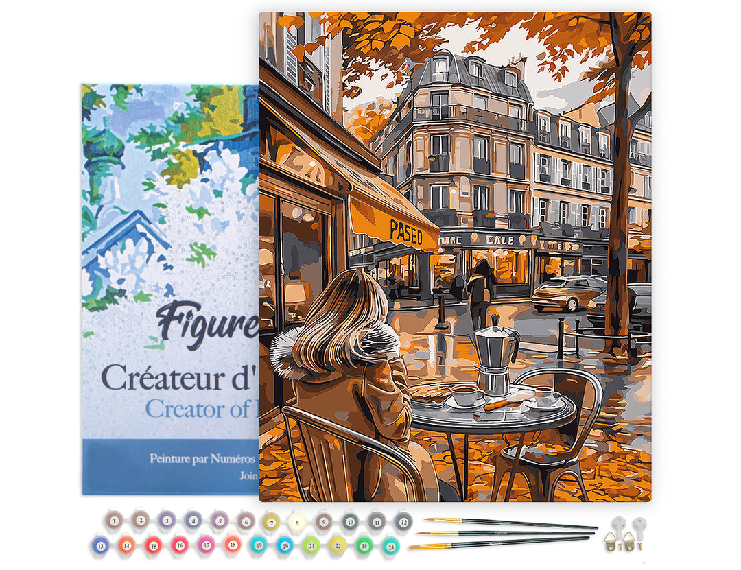 Malen nach Zahlen 40x50cm auf Keilrahmen gespannt Figured’Art Kaffeepause im Herbst