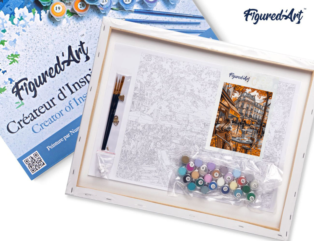 Malen nach Zahlen 40x50cm auf Keilrahmen gespannt Figured’Art Kaffeepause im Herbst