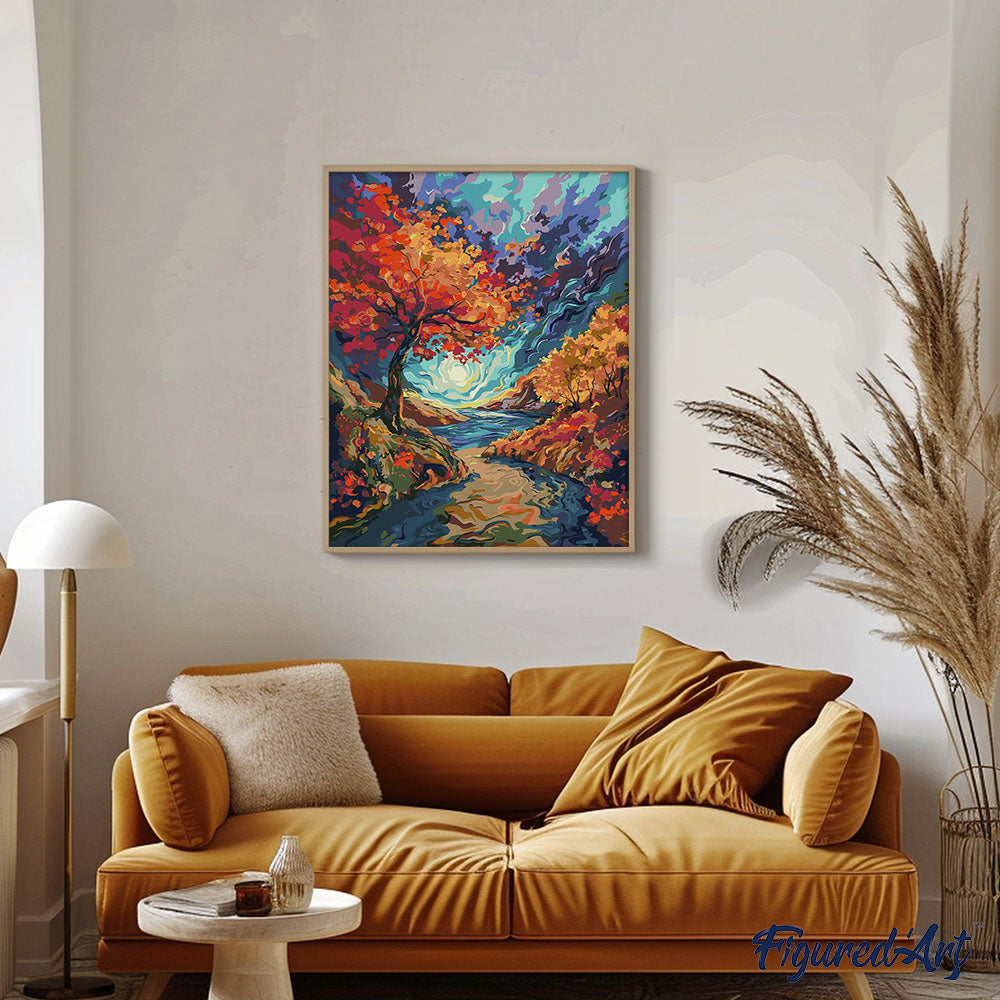 Malen nach Zahlen 40x50cm ohne Keilrahmen Figured’Art Surrealistischer Herbst, inspiriert von Van Gogh - Kidis Art