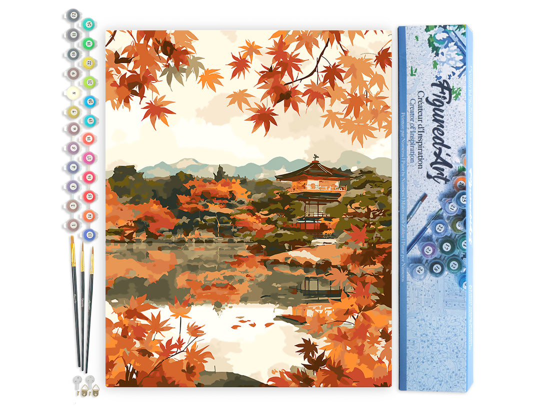 Malen nach Zahlen 40x50cm ohne Keilrahmen Figured’Art Japanischer Tempel am See im Herbst