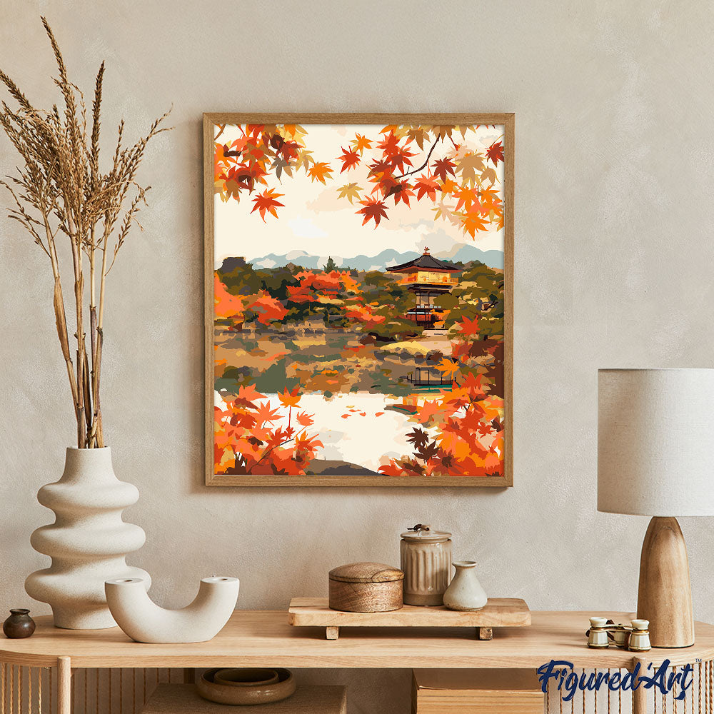 Malen nach Zahlen 40x50cm auf Keilrahmen gespannt Figured’Art Japanischer Tempel am See im Herbst