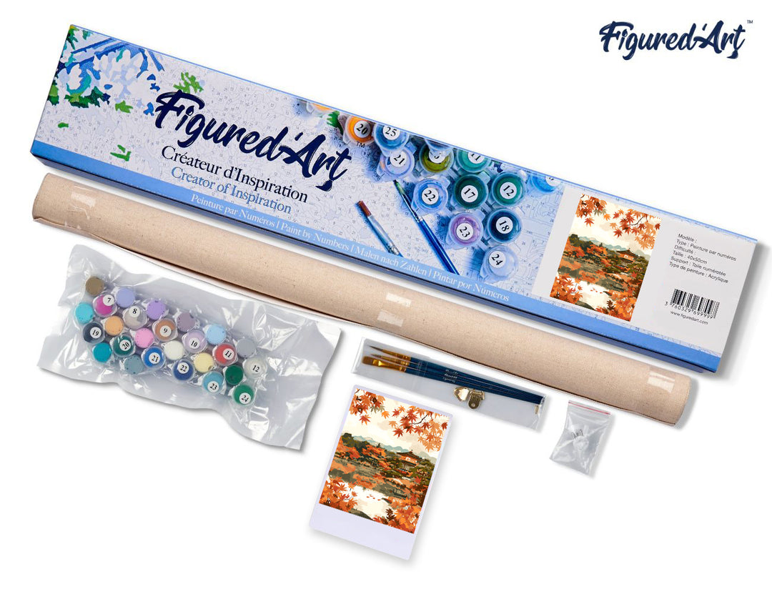 Malen nach Zahlen 40x50cm ohne Keilrahmen Figured’Art Japanischer Tempel am See im Herbst