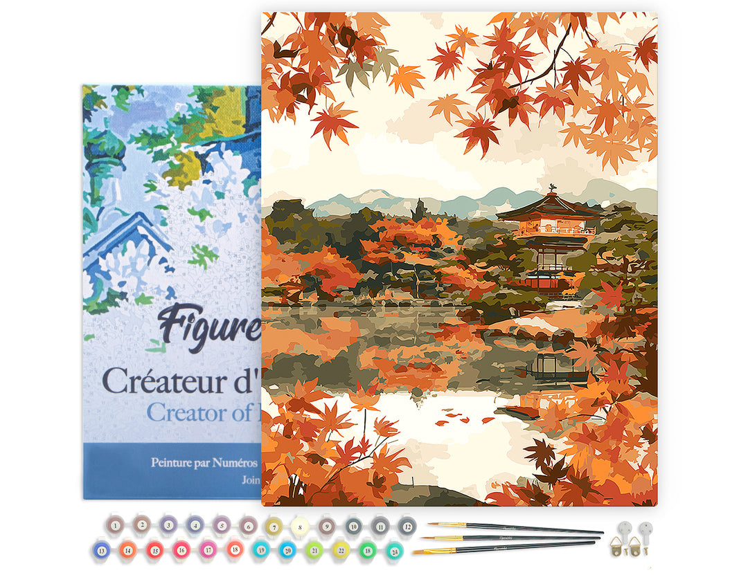 Malen nach Zahlen 40x50cm auf Keilrahmen gespannt Figured’Art Japanischer Tempel am See im Herbst