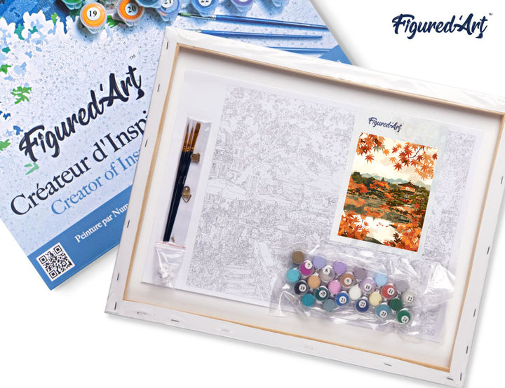 Malen nach Zahlen 40x50cm auf Keilrahmen gespannt Figured’Art Japanischer Tempel am See im Herbst