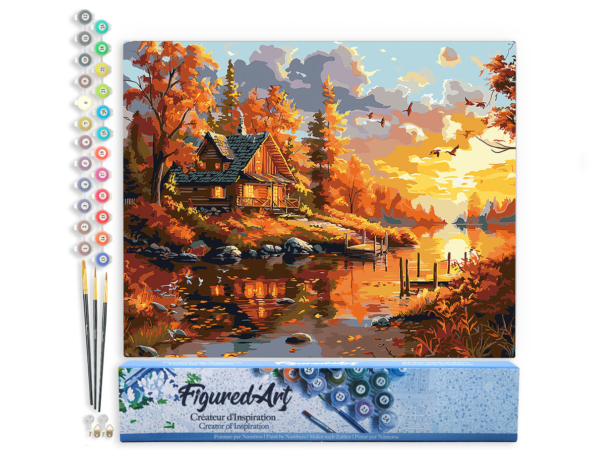 Malen nach Zahlen 40x50cm ohne Keilrahmen Figured’Art Herblicher Sonnenuntergang in der Nähe der Hütte - Kidis Art