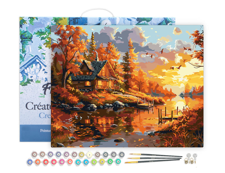 Malen nach Zahlen 40x50cm auf Keilrahmen gespannt Figured’Art Herbstsonnenuntergang in der Nähe der Hütte