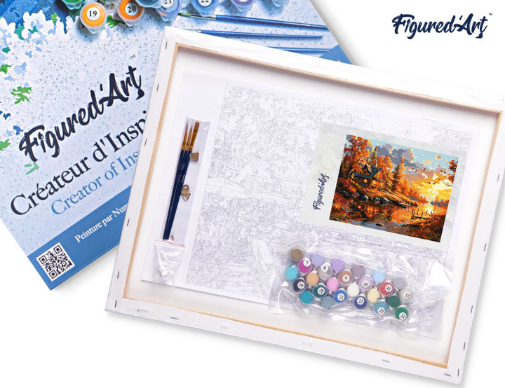 Malen nach Zahlen 40x50cm auf Keilrahmen gespannt Figured’Art Herbstsonnenuntergang in der Nähe der Hütte