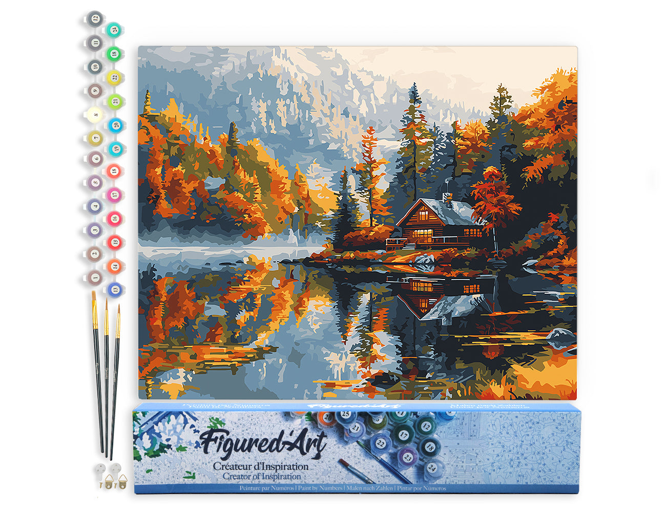 Malen nach Zahlen 40x50cm ohne Keilrahmen Figured’Art Hütte am See im Herbst - Kidis Art