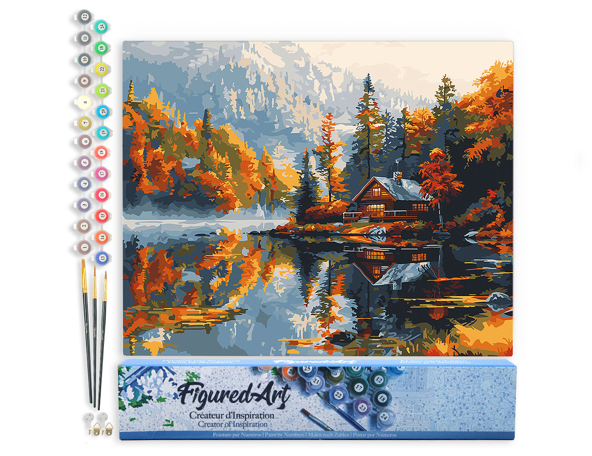 Malen nach Zahlen 40x50cm ohne Keilrahmen Figured’Art Hütte am See im Herbst - Kidis Art