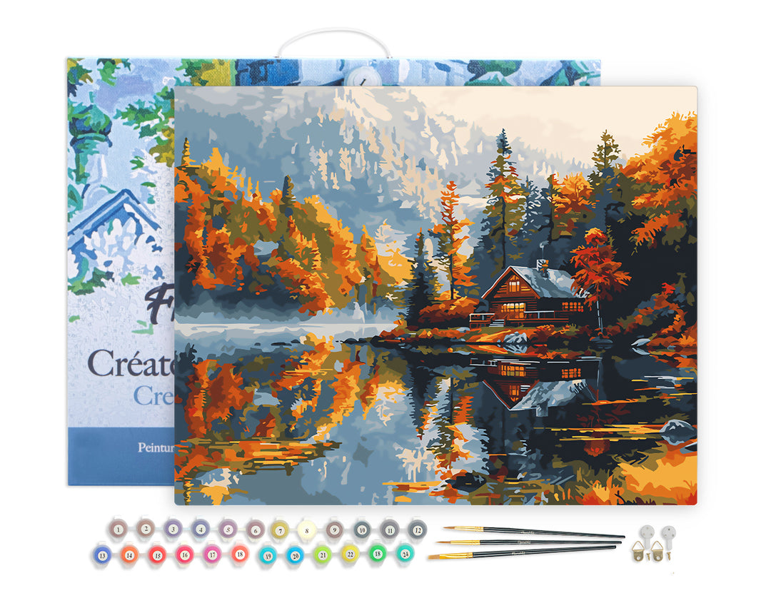 Malen nach Zahlen 40x50cm auf Keilrahmen gespannt Figured’Art Hütte am See im Herbst