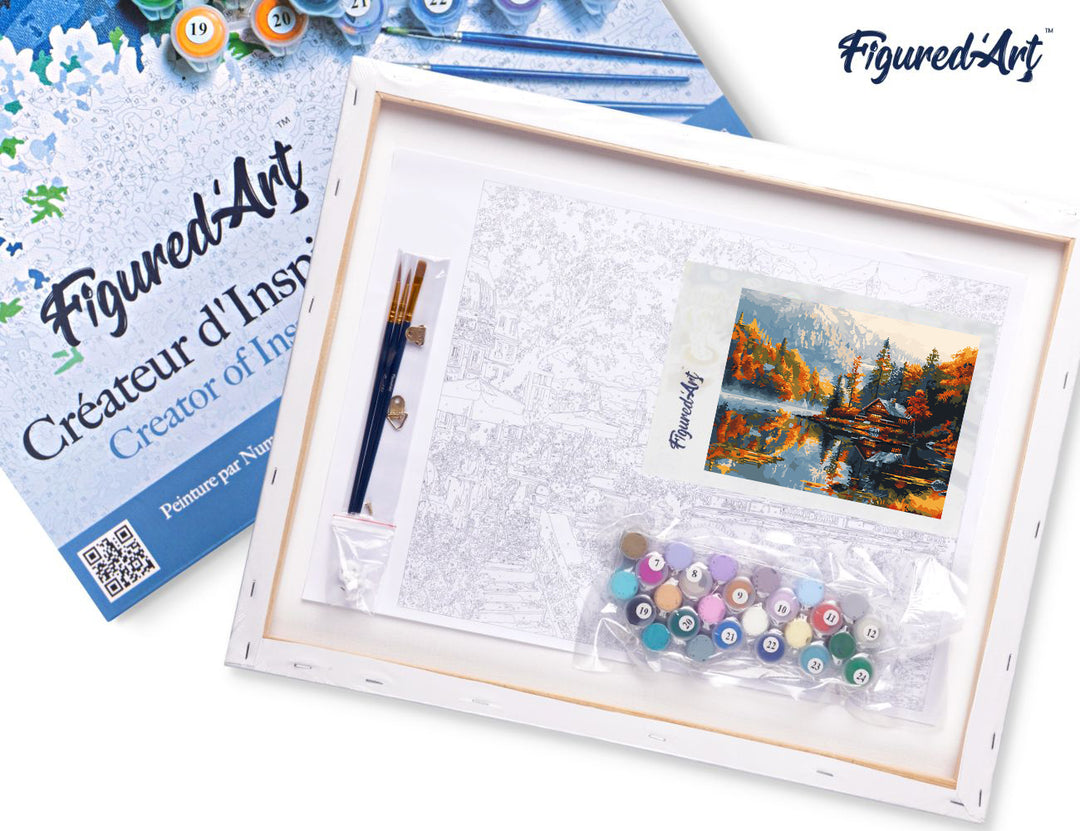 Malen nach Zahlen 40x50cm auf Keilrahmen gespannt Figured’Art Hütte am See im Herbst