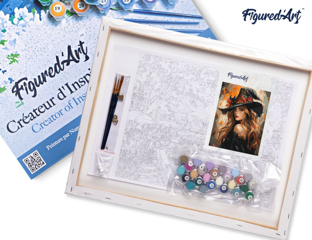 Malen nach Zahlen 40x50cm auf Keilrahmen gespannt Figured’Art Die hübsche Hexe