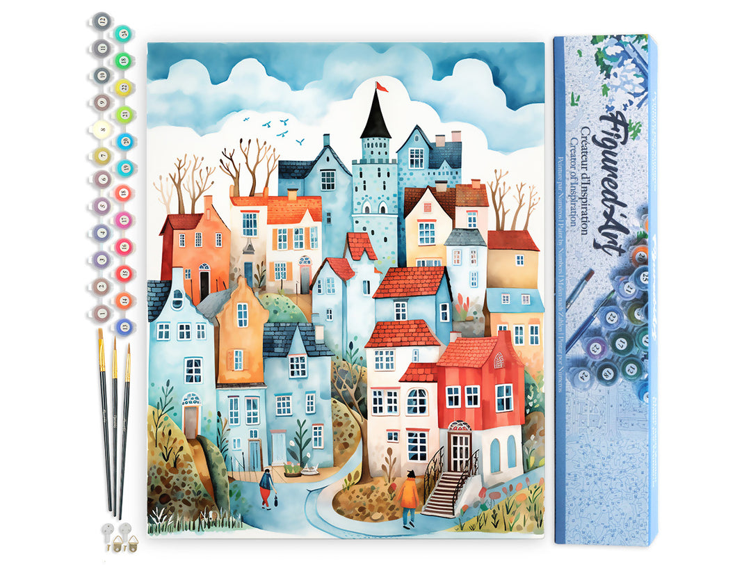 Malen nach Zahlen 40x50cm ohne Keilrahmen Figured’Art Verzaubertes blaues Dorf