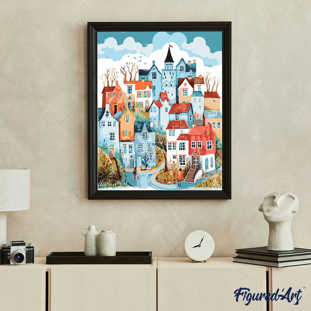 Malen nach Zahlen 40x50cm auf Keilrahmen gespannt Figured’Art Verzaubertes blaues Dorf - Kidis Art