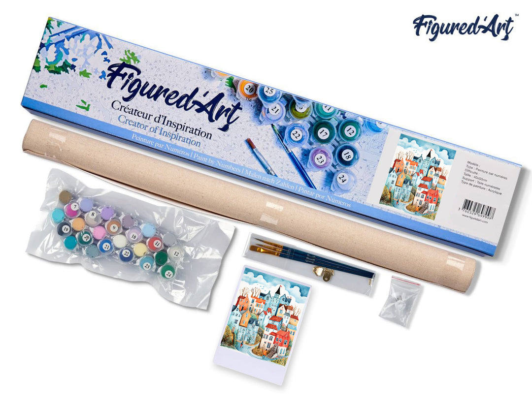Malen nach Zahlen 40x50cm ohne Keilrahmen Figured’Art Verzaubertes blaues Dorf