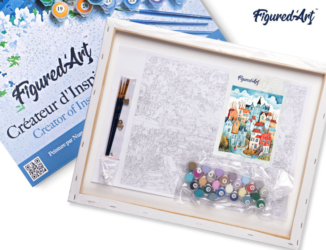 Malen nach Zahlen 40x50cm auf Keilrahmen gespannt Figured’Art Verzaubertes blaues Dorf - Kidis Art