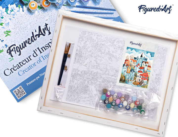 Malen nach Zahlen 40x50cm auf Keilrahmen gespannt Figured’Art Verzaubertes blaues Dorf - Kidis Art