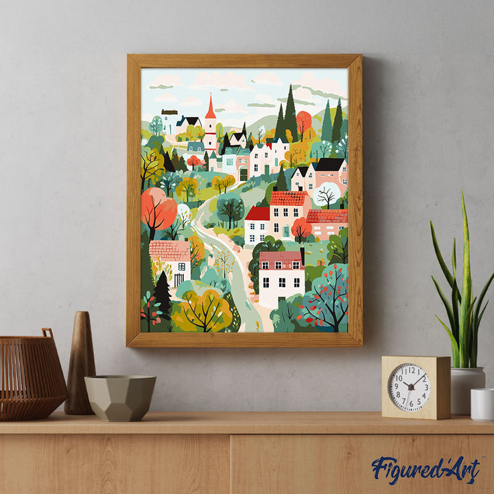 Malen nach Zahlen 40x50cm auf Keilrahmen gespannt Figured’Art Verzaubertes Dorf in Grün - Kidis Art