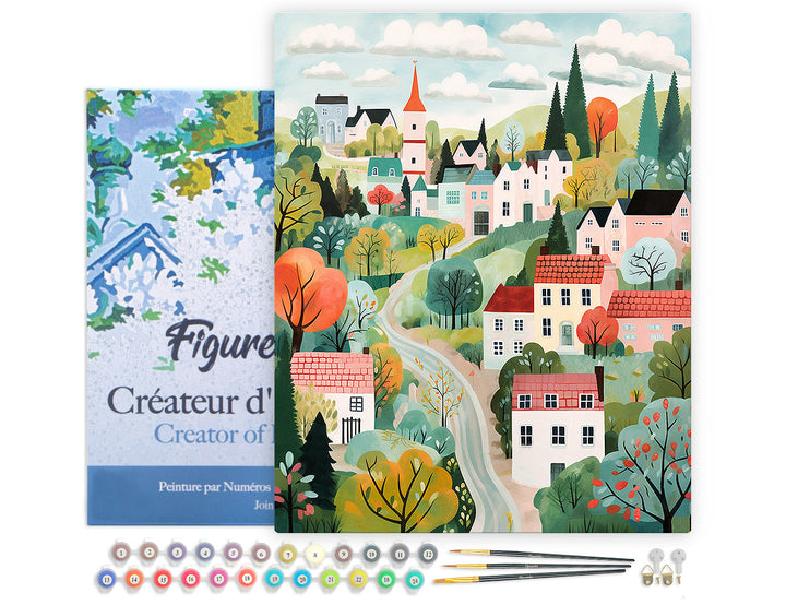 Malen nach Zahlen 40x50cm auf Keilrahmen gespannt Figured’Art Verzaubertes Dorf in Grün - Kidis Art