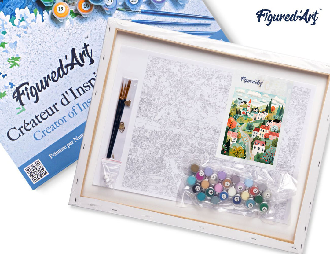 Malen nach Zahlen 40x50cm auf Keilrahmen gespannt Figured’Art Verzaubertes Dorf in Grün - Kidis Art