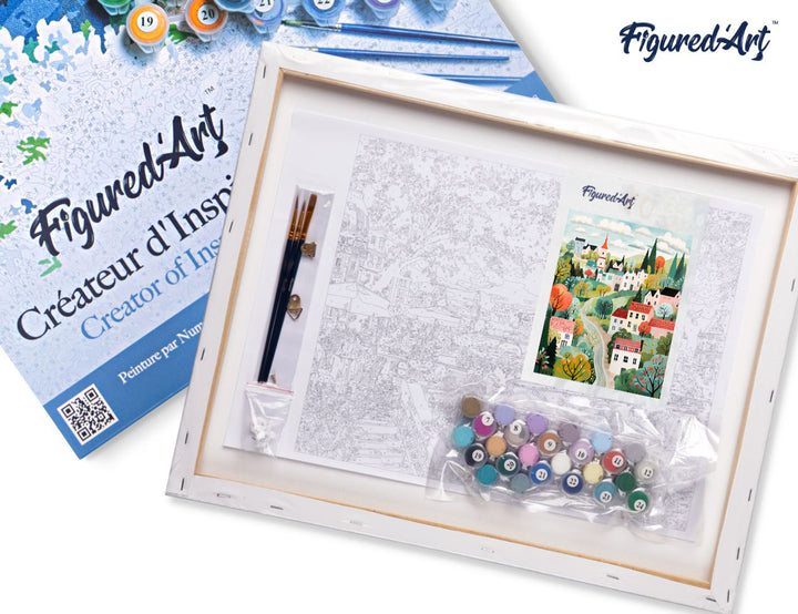 Malen nach Zahlen 40x50cm auf Keilrahmen gespannt Figured’Art Verzaubertes Dorf in Grün - Kidis Art