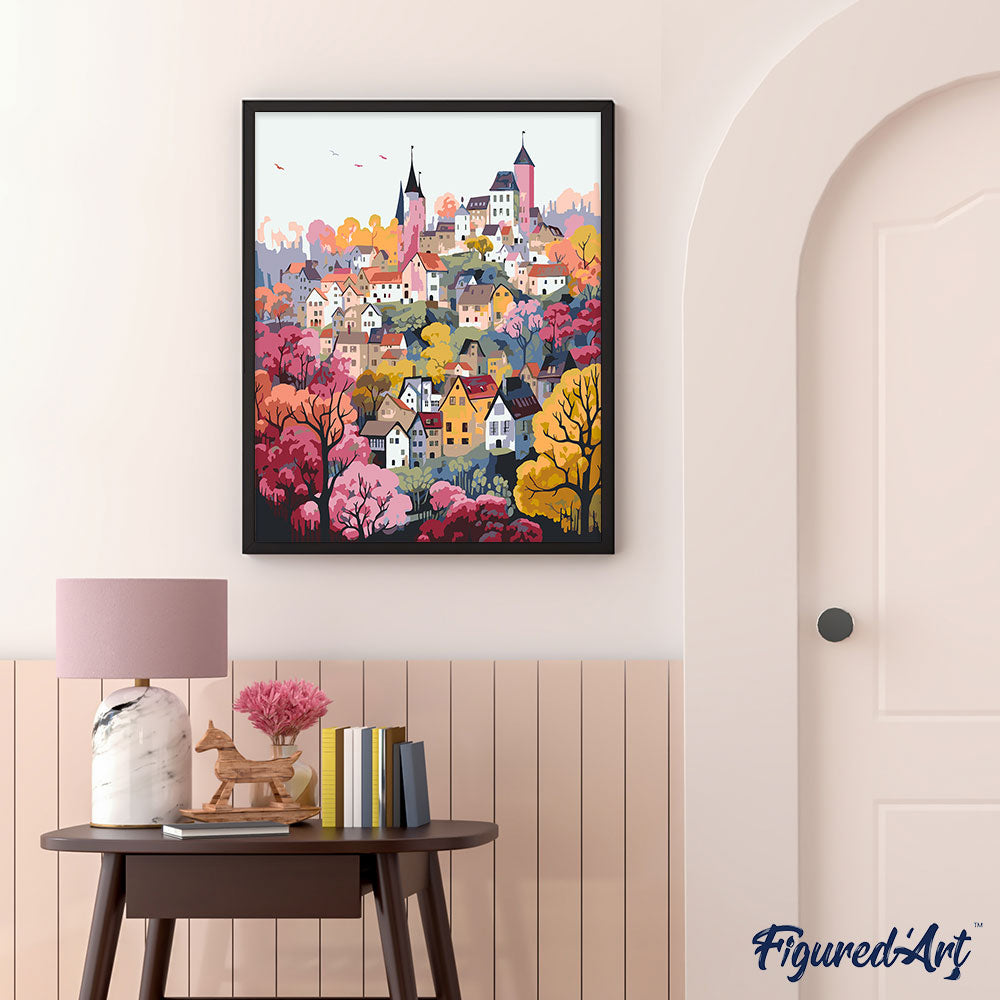 Malen nach Zahlen 40x50cm ohne Keilrahmen Figured’Art Verzaubertes Dorf violett