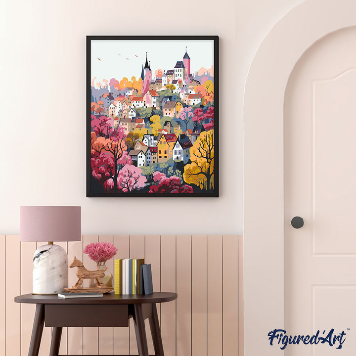 Malen nach Zahlen 40x50cm auf Keilrahmen gespannt Figured’Art Verzaubertes Dorf in Violett - Kidis Art
