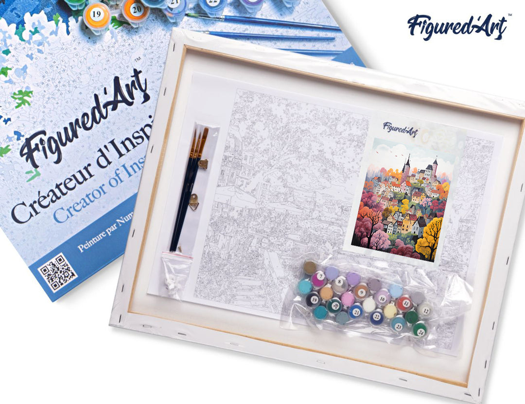 Malen nach Zahlen 40x50cm auf Keilrahmen gespannt Figured’Art Verzaubertes Dorf in Violett - Kidis Art