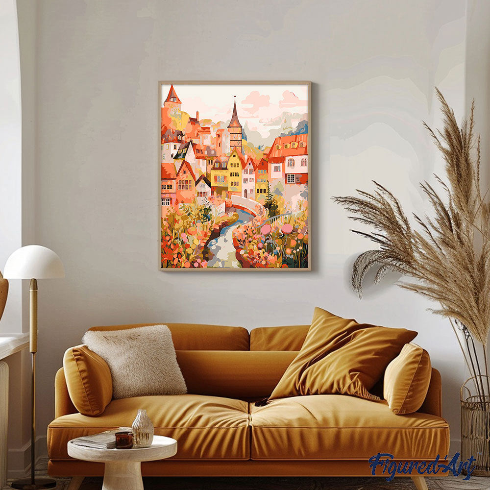 Malen nach Zahlen 40x50cm ohne Keilrahmen Figured’Art Verzaubertes Dorf Bernstein