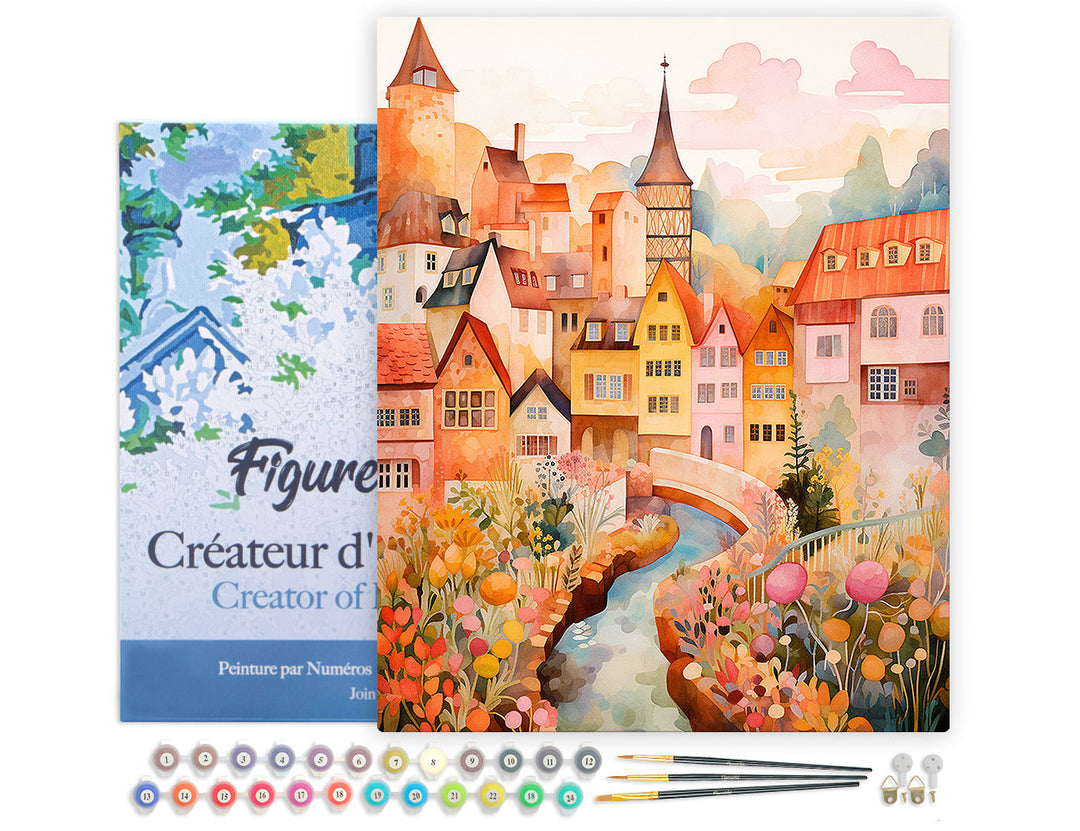 Malen nach Zahlen 40x50cm auf Keilrahmen gespannt Figured’Art Verzaubertes Dorf Bernstein - Kidis Art