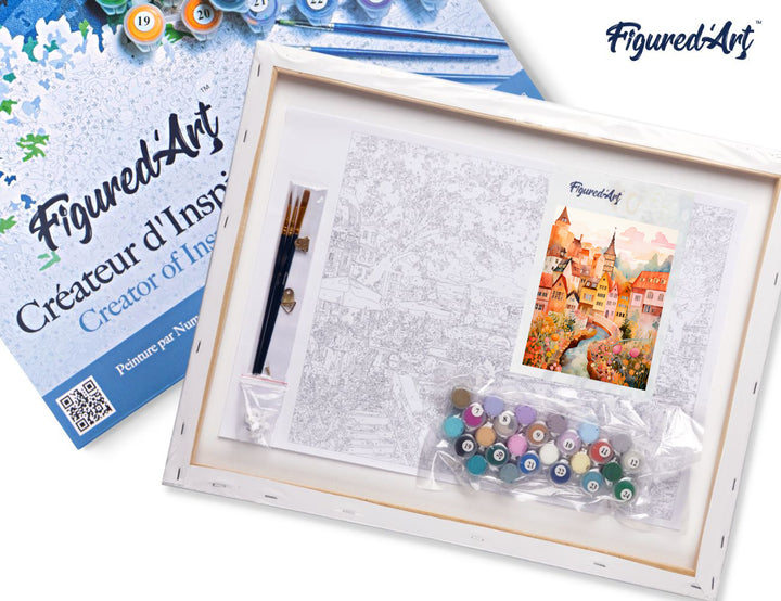 Malen nach Zahlen 40x50cm auf Keilrahmen gespannt Figured’Art Verzaubertes Dorf Bernstein - Kidis Art