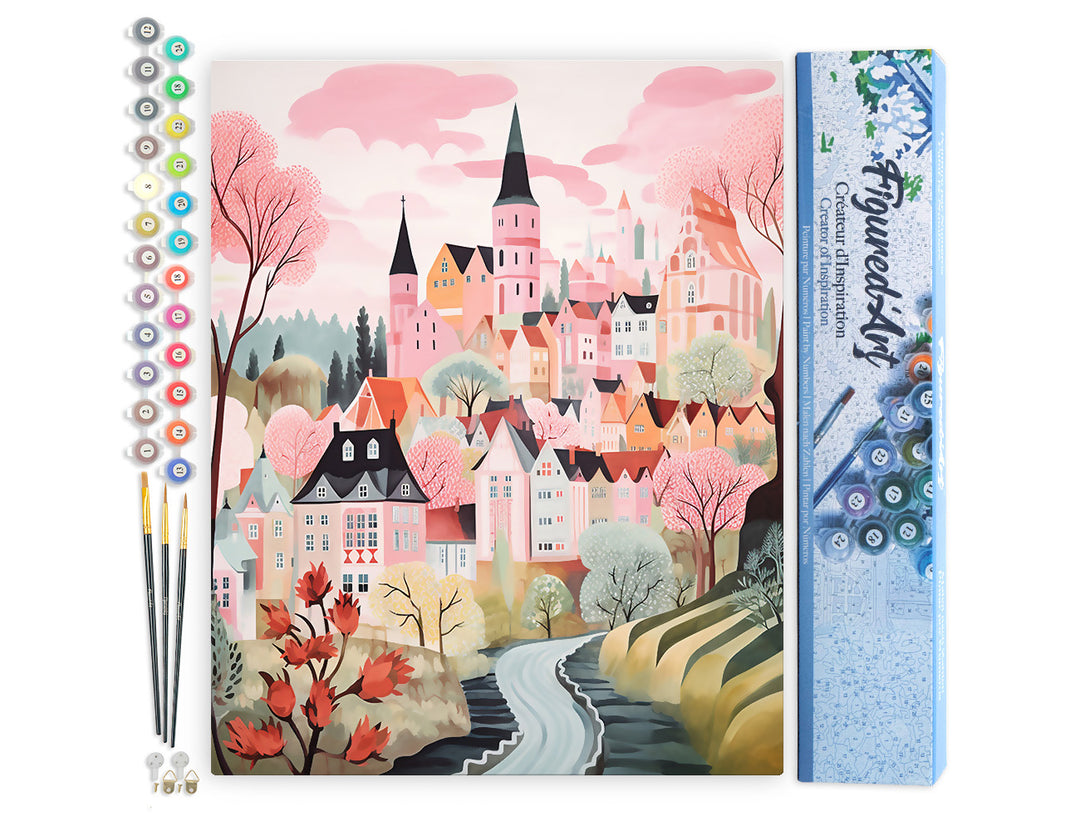 Malen nach Zahlen 40x50cm ohne Keilrahmen Figured’Art Verzaubertes Dorf Rosa