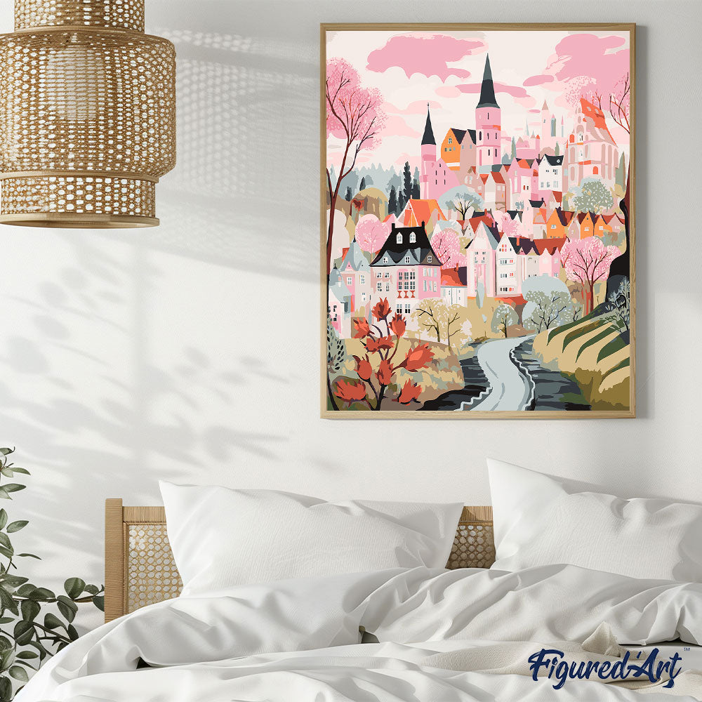 Malen nach Zahlen 40x50cm ohne Keilrahmen Figured’Art Verzaubertes Dorf Rosa - Kidis Art