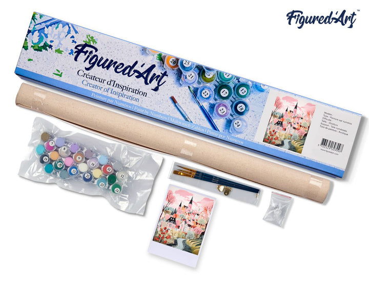 Malen nach Zahlen 40x50cm ohne Keilrahmen Figured’Art Verzaubertes Dorf Rosa