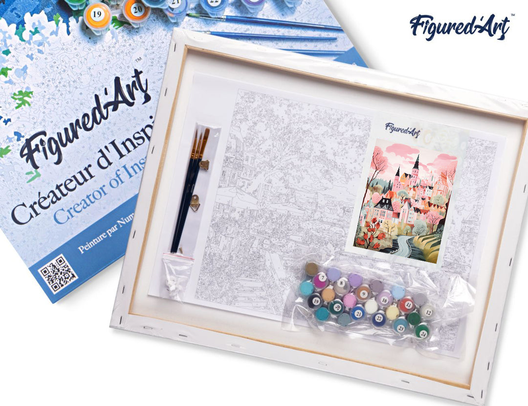 Malen nach Zahlen 40x50cm auf Keilrahmen gespannt Figured’Art Verzaubertes Dorf Rosa - Kidis Art