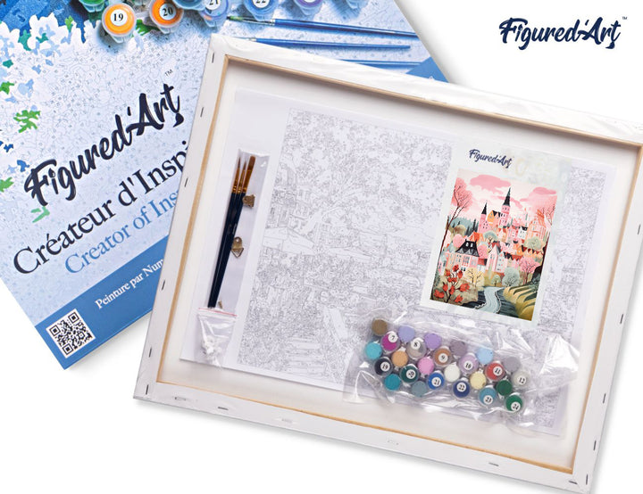 Malen nach Zahlen 40x50cm auf Keilrahmen gespannt Figured’Art Verzaubertes Dorf Rosa - Kidis Art