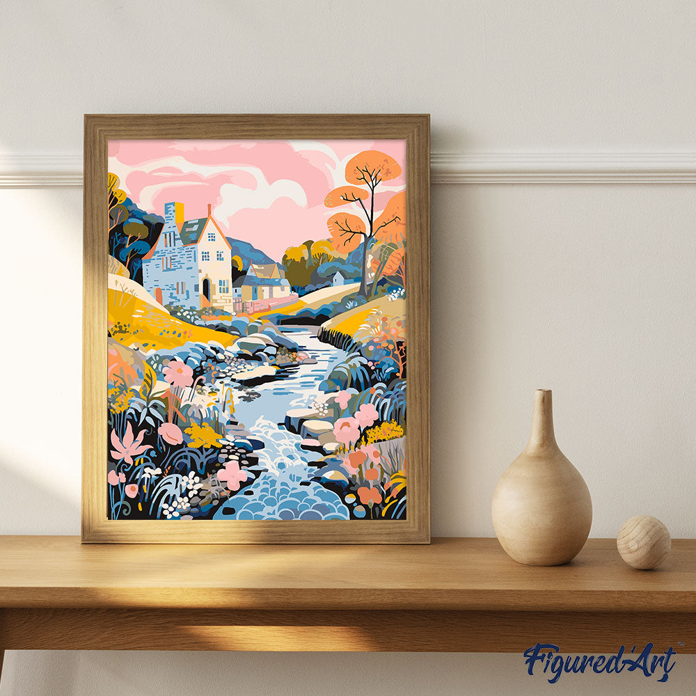 Malen nach Zahlen 40x50cm auf Keilrahmen gespannt Figured’Art Villa am Bachufer - Kidis Art