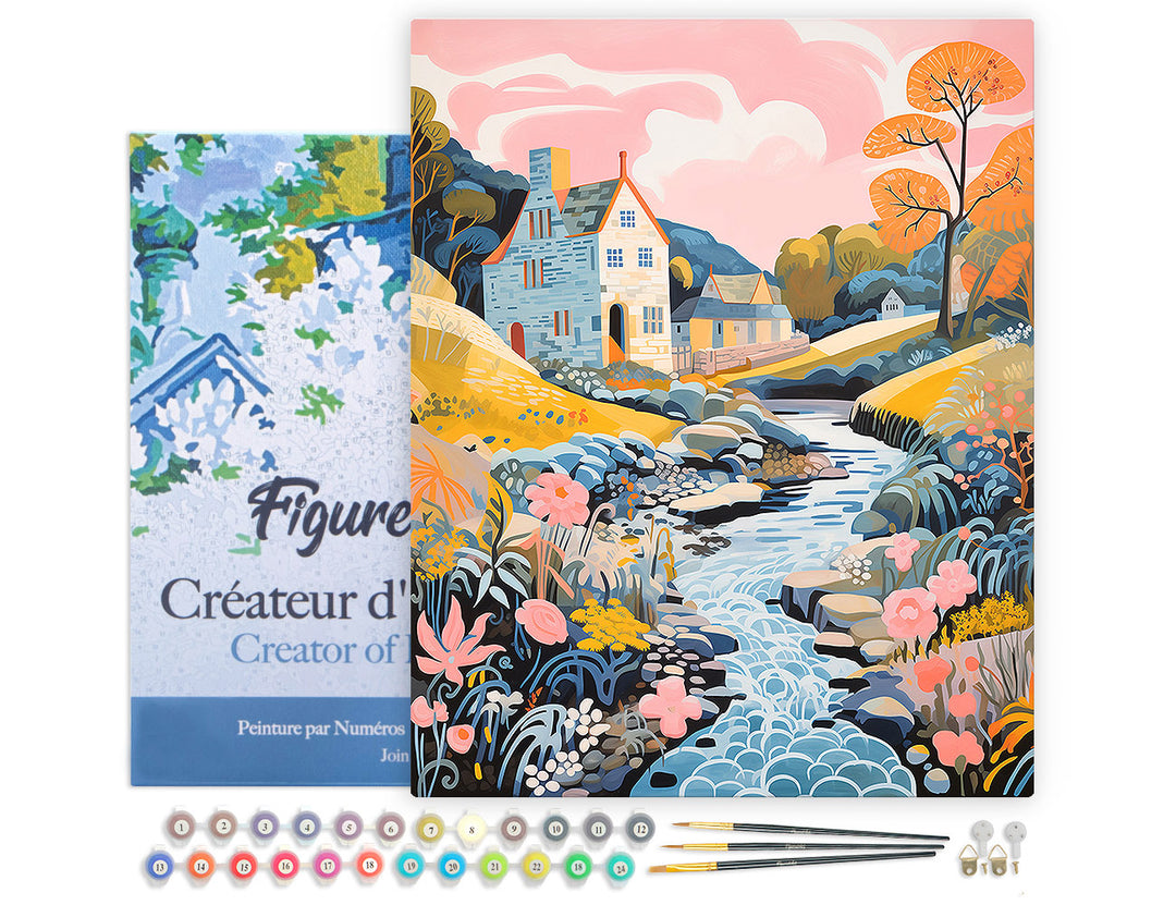 Malen nach Zahlen 40x50cm auf Keilrahmen gespannt Figured’Art Villa am Bachufer - Kidis Art