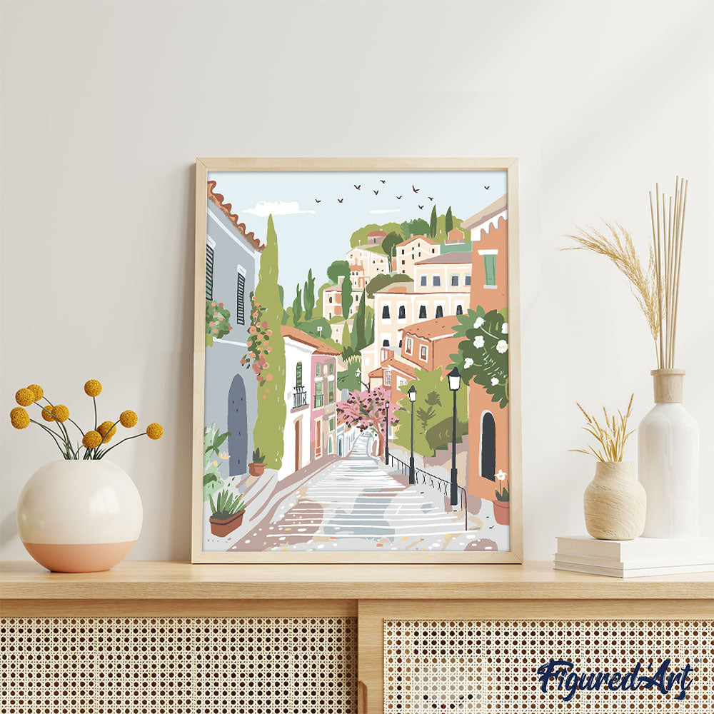 Malen nach Zahlen 40x50cm ohne Keilrahmen Figured’Art Pastellfarbene Stadt am Hang - Kidis Art