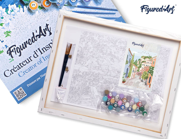 Malen nach Zahlen 40x50cm auf Keilrahmen gespannt Figured’Art Pastellfarbene Stadt am Hang