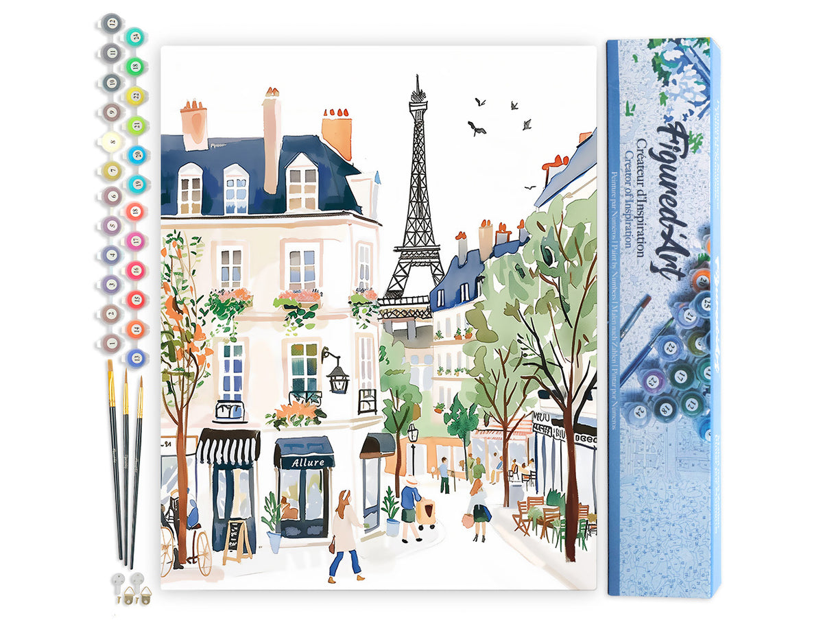 Malen nach Zahlen 40x50cm ohne Keilrahmen Figured’Art Aquarell Rue de Paris - Kidis Art